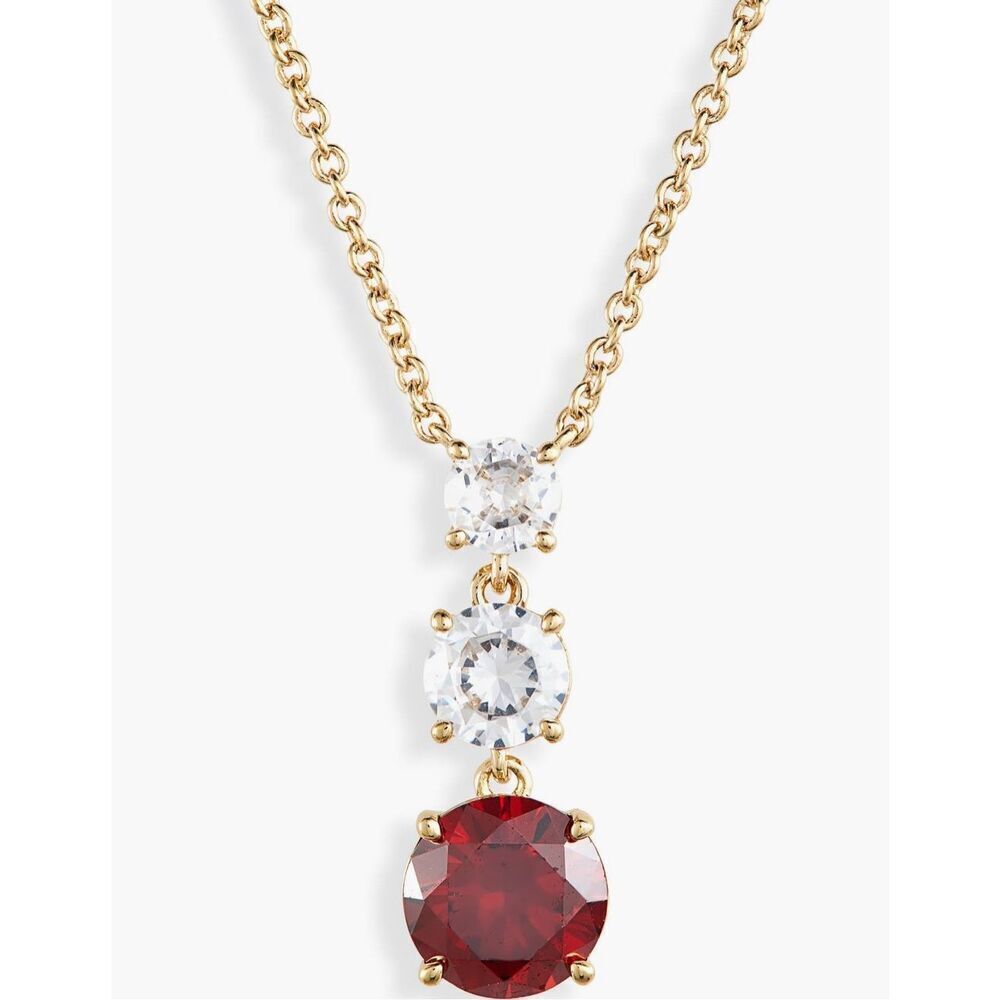 Nadri Ruby Red Triple CZ Necklace | 18K Gold Plated Dangle Pendant | New